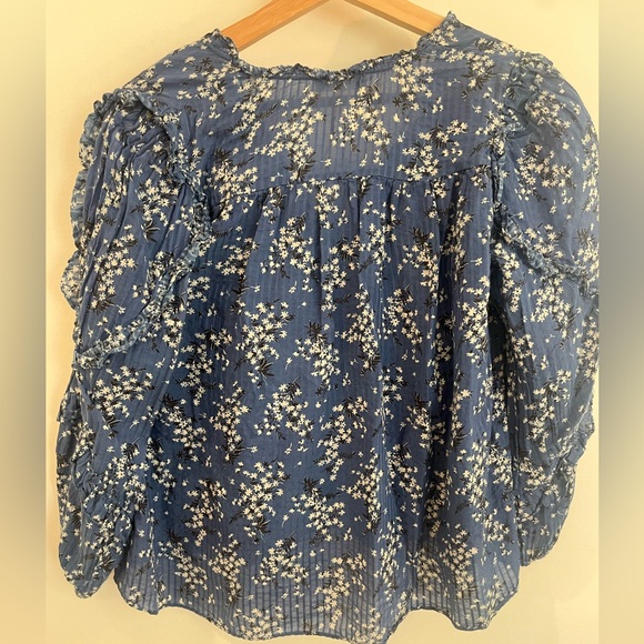Ulla Johnson Manet Blue, White Silk Floral Ruffle Blouse Size 4 - Picture 7 of 12